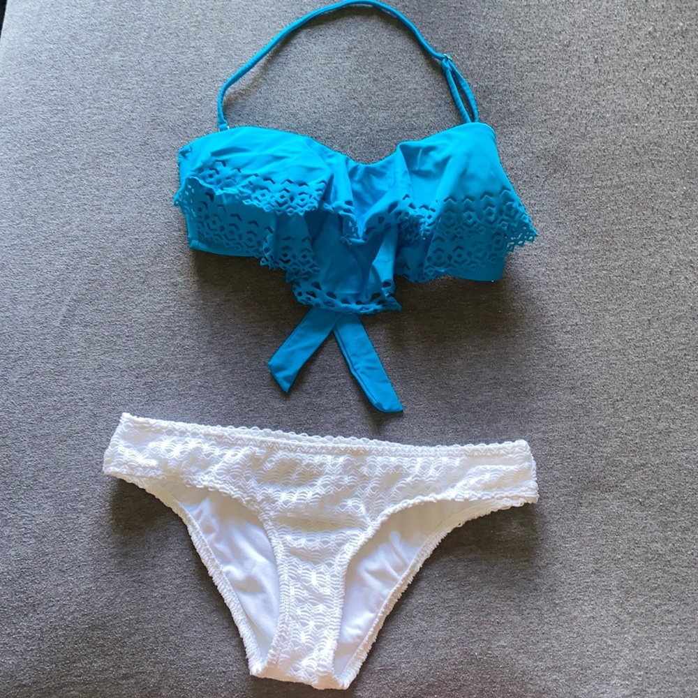 Blue and white bikini
